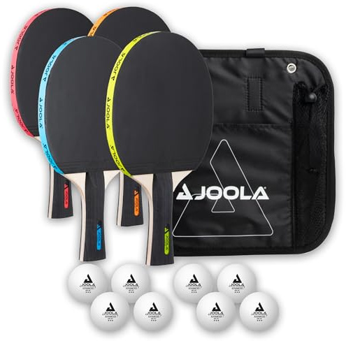 JOOLA Tischtennis Set, Tischtennis-Set mit 4 Tischtennisschlägern, Tischtennisbällen und Tragetasche (NEON)