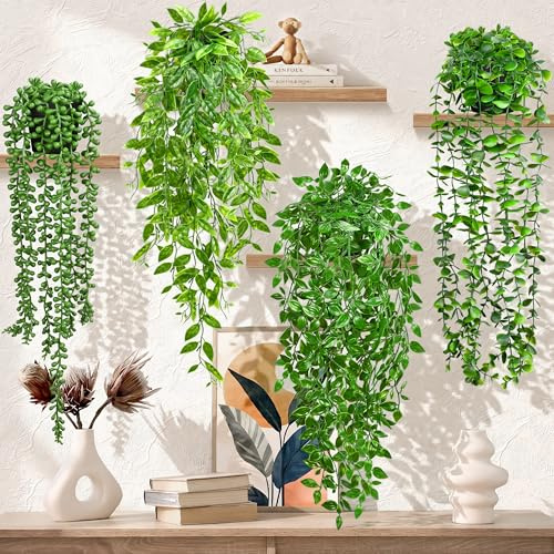 Palonu Künstliche Hängepflanzen für Regal, 4 Stück, künstliche Eukalyptusranken, Mandala-Rebe, Perlenkette, Erbsenschoten Blätter im Topf für Büro, Wohnzimmer, Badezimmer, Innen- und Außenbereich