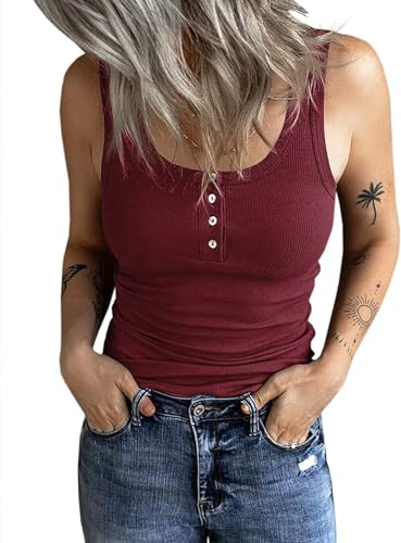 Fessceruna Damen Tops Sexy Tanktop Ärmellos Sommer Oberteil | U-Ausschnitt, Einfarbig, Gerippt Sommertop, Camisole Shirt mit Knöpfen, Elegant Träger-Tops