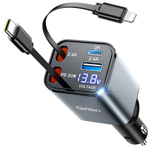 Gritin 4 in 1 Zigarettenanzünder USB C 69W Auto Ladegerät Adapter Kfz 12V, Camping Wohnmobil Auto Zubehör, Travel Essentials mit Spannungsanzeige, Car Accessoires für iPhone 16/17 Pro Max Plus&Galaxy