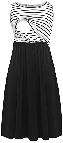 Smallshow Ärmelloses Patchwork-Umstandskleid mit Taschen für Frauen White Stripe-Black Medium