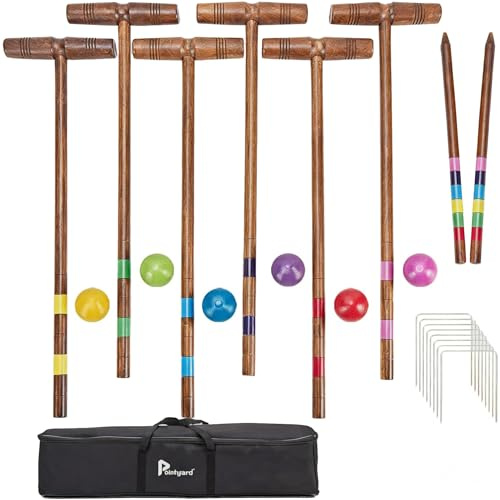 Pointyard Krocket-Set für 6 Spieler, 81,3 cm, Vintage-Stil, Krocket-Set mit Holzschlägeln/farbigem Ball/Wickets/Heringen für Erwachsene/Jugendliche/Familie, perfekt für Rasen/Hinterhof-Spiel/Park