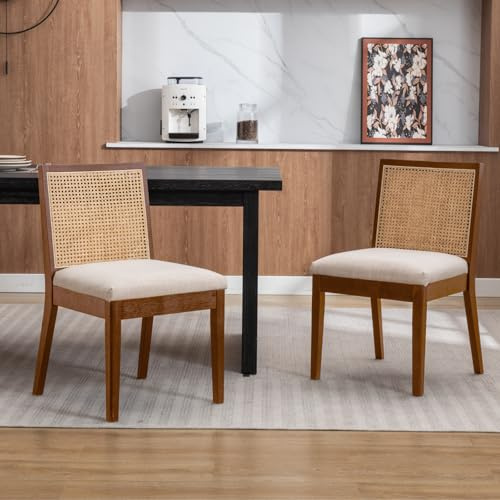 chairus 2er-Set Esszimmerstuhl Rattan, Massivholzrahmen, Leinen/Braun | Retro Holzstühle mit natürlicher Rattan-Rückenlehne, weichem Leinenstoff und Holzgestell, für Esszimmer, Küche, Wohnzimmer