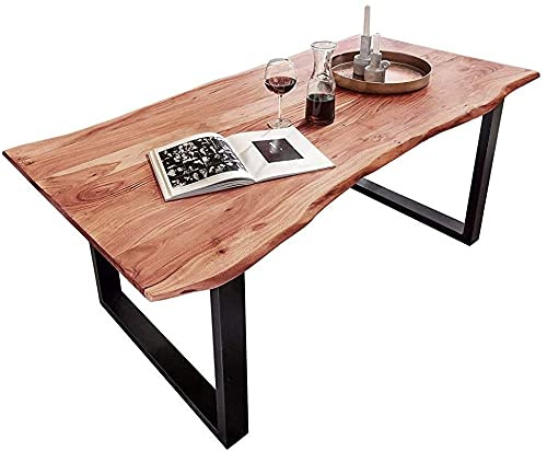 SAM Baumkantentisch 120x80 cm Quarto, Akazienholz massiv + naturfarben, Esstisch mit schwarzem U-Gestell, Esszimmertisch/Holztisch Industrial-Design, Tischplatte 26 mm