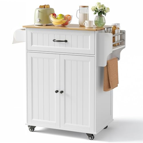 Bealife Küchenwagen mit Handtuchhalter und Gewürzboard, Kücheninsel auf Rollen, Bewegliche Küchenwagen mit Arbeitsplatte, Servierwagen für Küche, Esszimmer, Flur (weiß)