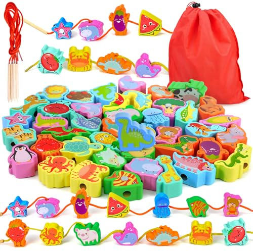 Ophy Montessori Spielzeug - 48 STK Holzspielzeug Fädelspiel Geschenk Motorikspielzeug 6 Themen ab 2 3 4 5 6 Jahre für Kinder Madchen Jungen Baby Kinderspielzeug Holzperlen für Kinder Geschenke