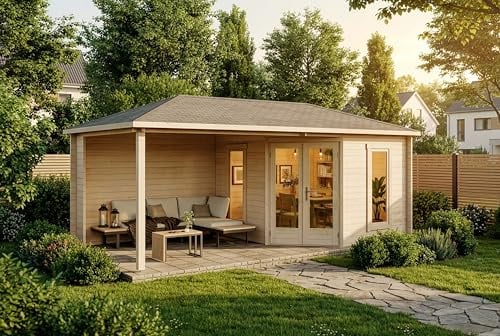 Alpholz 5-Eck Gartenhaus Liwa aus Massiv-Holz, Gerätehaus mit 28 mm Wandstärke, Garten Holzhaus inklusive Montagematerial, Geräteschuppen Größe: 595 x 300 cm