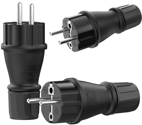 RedStar24 Schuko Stecker 230V IP54 - 3er Set Robuster Schutzkontaktstecker | Perfekt für den Außenbereich | Hermetisch Versiegelt | Gummi & Kunststoff, Schwarz | 3-Poliger Stromstecker 16A & 3,7kW