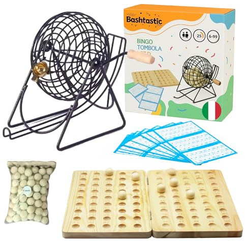 Bashtastic Bingo Spiel – Bingo mit Metalltrommel, 102 Wiederverwendbare Bingokarten, Spielbrett aus Holz und 90 lasergravierte Holzkugeln. Bingosets – bereit für Familienspaß!