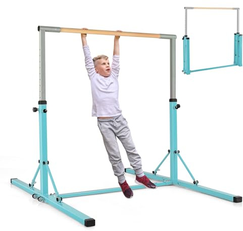 COSTWAY Gymnastik Turnreck klappbar, Turnreck 90-150cm höhenverstellbar, Reckstange mit Rollen, tragbarer Turnstangen bis 100kg belastbar, Reckanlage, Trainingsgeräte (Türkis)