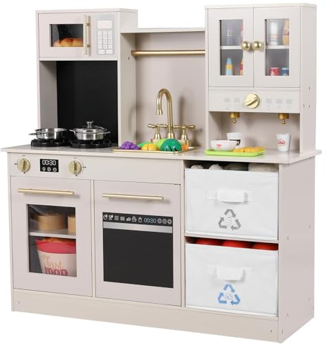 MAMIZO Kinderküche Holz, Spielküche mit Licht und Sound, Puppenküche Holz für Kinder, 90x30x90 cm kinderküchen, mit Küchenzubehör und 2PCS Aufbewahrungsboxen, Spielzeug für Kinder ab 3 Jahren, Beige