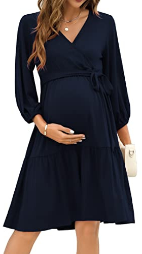 KOJOOIN Damen Umstandskleid V-Ausschnitt 3/4 Ärmel Stillkleid Rüschen Schwangerschafts Kleider mit Gürtel DunKelblau(3/4 Ärmel) M