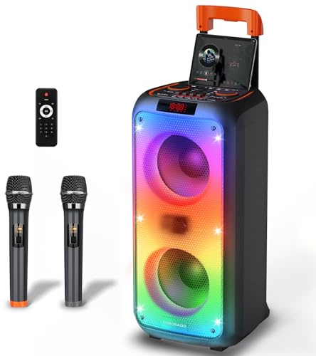 Karaoke Maschine, Hukkmela Karaoke Anlage mit 2 Mikrofonen, PA Anlage, Karaoke Lautsprecher mit Mikrofon, Kompatibel mit TF/USB/Aux, Bluetooth 5.3 TWS & LED Modus