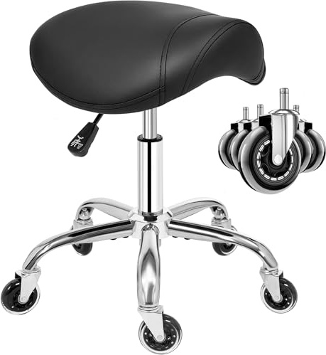 ANWBROAD Sattelhocker mit Rollen 360° Drehhocker Silent-Rollen höhenverstellbar Rollhocker bis 205 kg Ergonomisch Dickes Leder breite Sitz für Schönheitssalons, Salon, Spa und Kliniken Schwarz WSS001B