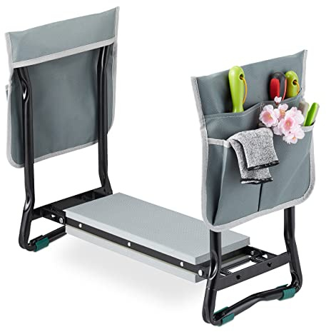 Relaxdays Kniebank für Gartenarbeit, gelenkschonend, klappbar, schwarz/grau | bis 150kg, gepolsterte Kniehilfe, 2 Taschen
