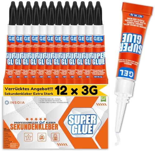 Sekundenkleber Gel (12er-Pack x 3g) – extra starker & wasserfest Superkleber für schnelle, flexible Sofortreparaturen, transparent kontakt Kleber für Kunststoff, Holz, Porzellan, Glas uvm.