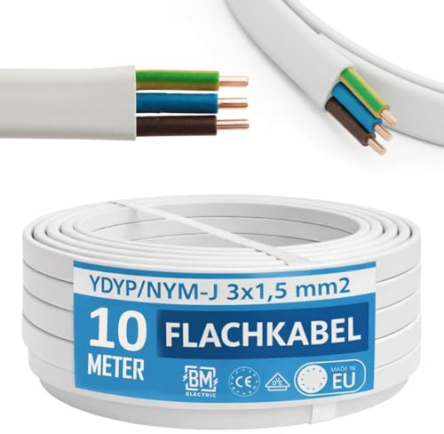 NYM Kabel 3x1,5 mm² YDYp – Stromkabel 3-polig, Flachkabel 10 m, 10×5 mm, Fensterdurchführung, Feuchtraumkabel, massive Kupferleiter, 300/500 V