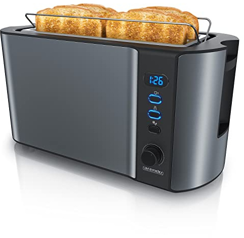 Arendo - Edelstahl Toaster Langschlitz 4 Scheiben, Defrost, wärmeisolierendes Gehäuse, mit integriertem Brötchenaufsatz, 1500W, Krümelschublade, Display, Cool Grey