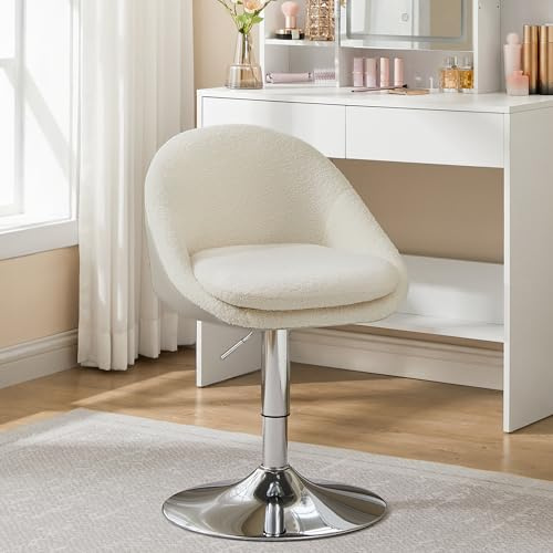 VASAGLE Stuhl verstellbar, Schminkstuhl, Bürostuhl, drehbar, Barhocker mit Rückenlehne und Sockel, Stahl, für Theke, Büro, Schminktisch, Esszimmer, cremeweiß LJB100W01