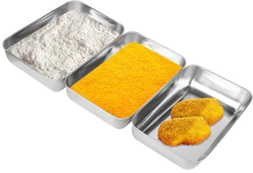 elthmpr Panierschalen Set 3-teilig - Panier-Set aus Edelstahl Schale zum Panieren 25 x 20 x 5 cm Rechteckige Panierstraße Panierstrasse Edelstahl Schale Rechteckig für Fleisch, Fisch und Gemüse