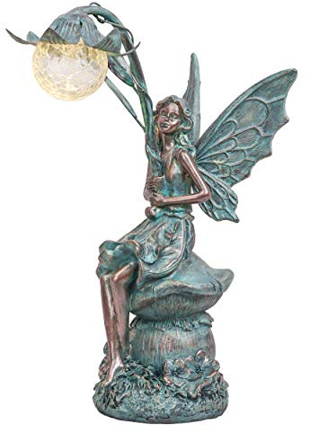 TERESA'S COLLECTIONS Gartendeko für draußen,35cm Bronze Sitzende Elfen mit Solar Glaskugeln Beleuchtung aus Polystein,groß Feen Statue Solar Fairy, Gartenfiguren Geschenk für Mama Vatertag
