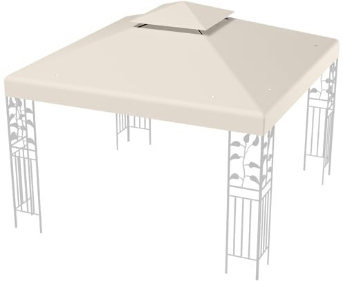 HOMASIS Ersatzdach für Pavillon, Pavillondach 3 x 3 m, wasserdichter Pavillonabdeckung mit UV-Schutz, Pavillonplane mit Entwässerungslöchern & Klettverschlüssen (Beige, Doppeldach)
