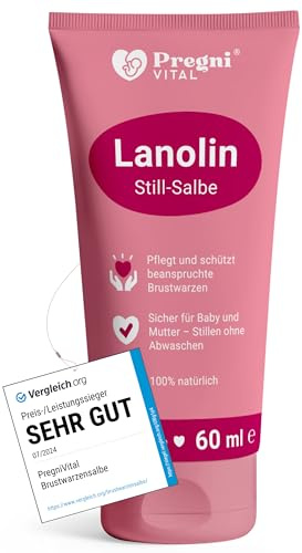 PregniVITAL Lanolin Brustwarzensalbe Stillen [60 ml] MAXI-Pack – Stillsalbe für stillende Mütter bei beanspruchten, trockenen und empfindlichen Brustwarzen – Hypoallergen, ohne Duftstoffe