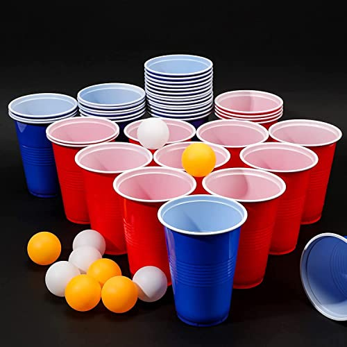 WANGZAIZAI 50+5 Premium Beer Pong Becher, Bierpong Becher Set | 25 rote+ 25 Blaue Becher +5 gelborangene Bälle，Wiederverwendbar
