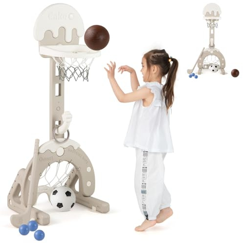 HOMASIS 4 in 1 Kinder Basketballkorb Set, multifunktional Basketballständer mit Fußballtor & Golf & Ringwurf, höhenverstellbar Basketballkorb mit Ständer inkl. Bälle & Golfschläger (Kuchen)