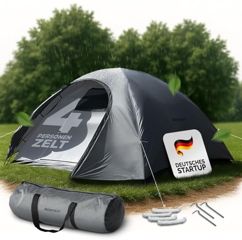 MONTARAY Zelt 2 oder 4 Personen Doppelwandiges Campingzelt mit Mückenschutz schneller Aufbau, wasserdicht, winddicht & atmungsaktiv, leicht, faltbar inkl. Tragetasche ideal für Camping & Festival Grau