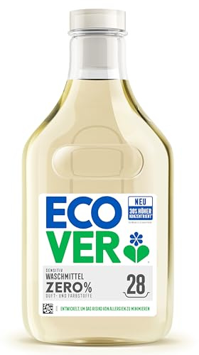 Ecover Zero Waschmittel, flüssig, für Allergiker und empfindliche Haut, sanfte Reinigung ohne Duftstoffe, 30% höher konzentriert, 28 Ladungen, 1L