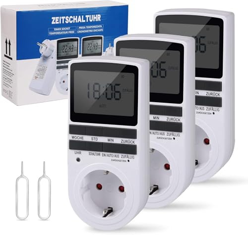 Nach Maß Deutsche Ausführung Zeitschaltuhr Steckdose - 3 PCS| Elektrische Zeitschaltuhr Digital mit Deutsche System und Tasten | 10 konfigurierbare Programme | 12/24h Modus, Weiß