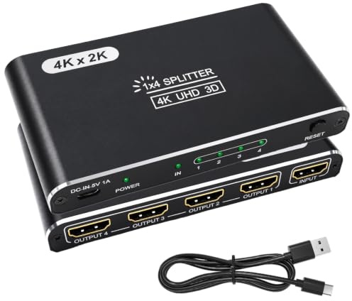HDMI Splitter 1 in 4 Out 4K HDCP1.4 3D 1080P HDTV/DVD/Stream | Mirror 4 screens simultaneously, Plug&Play, no driver, no delay, 4K UHD, alu housing, HDCP1.4, for TV/PC/PS/Xbox/projector