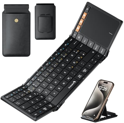 ProtoArc XK01 TP Bluetooth Tastatur Faltbare mit Touchpad, Tastatur Kabellos Klappbare QWERTZ Deutsch mit Groß Trackpad für iPad, iOS, Android, Windows Laptop PC Tablet - Schwarz