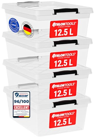 ATHLON TOOLS 4x 12.5 L Aufbewahrungsboxen mit Deckel, lebensmittelecht - Verschlussclips - 100% Neumaterial Plastik-Box transparent - Kleiderboxen stapelbar…