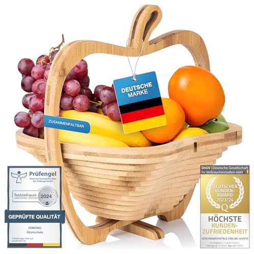 Dimono® Obstkorb Holz 30x28 cm, faltbare Obstschale, 3-in-1 klappbar | Ersetzt drei Küchenhelfer, Apfel-Form aus Bambus, flach verstaubare Gemüseschale, als Topfuntersetzer & Obstaufbewahrung.
