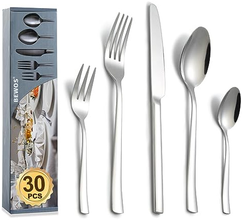 BEWOS Besteckset für 6 Personen, Silber 30-teiliges Besteckset aus Edelstahl, inklusive Messer, Gabeln und Löffel, hochglanzpoliert und spülmaschinenfest