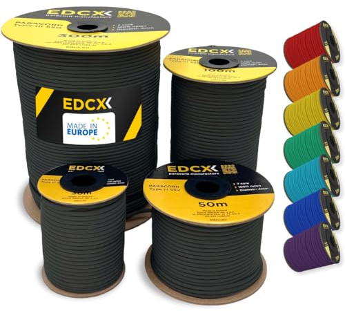 EdcX 4 mm Nylon Paracord 550 30 m (100 Fuß) – Typ III, 100% Nylonseil, 7-strängiges Seil, 4 mm Nylonseil in Volltonfarben (Black, 30 m)