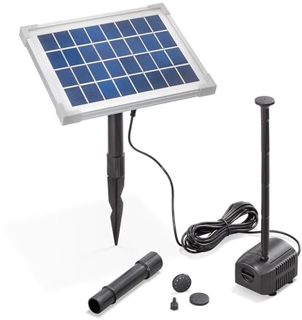 esotec Solar Teichpumpe Set 5/250 Fontäne Wasserspiel Solarbrunnen 101909 | 5Wp Solarmodul, Pumpe 250l/h, IP68, 1m Förderhöhe, Trockenlaufschutz, 5m Kabel, 8/10mm, 4 Fontänen, Durchflussregler, 8VDC