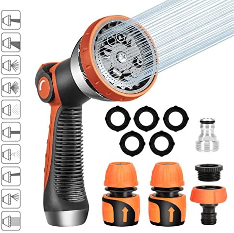 Garten Handbrause Metall,Garten Spritzpistole,Gartenbrause 10 Sprühbilder Multifunktional Bewässerungsbrause Hochdruck Handsprüher Verstellbarer Wasserdurchfluss für Bewässerung Rasen,Haustier Baden