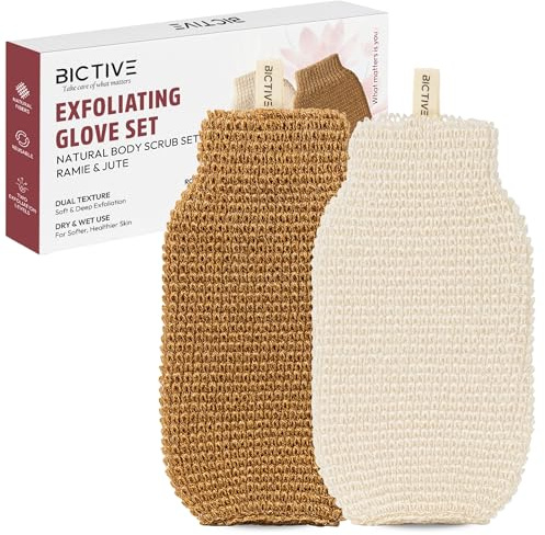BICTIVE® 2er Set Peelinghandschuhe Körper aus Naturfasern. Zur Entfernung Abgestorbener Haut & für Glatte, Strahlende Haut. Exfoliating Gloves, Peelinghandschuh, Body Scrubber. Sanft & Intensiv