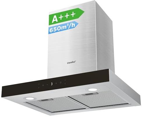 COMFEE' CHW 7.6M77A3 A+++ Dunstabzugshaube 60cm Umluft/Abluft, 650m³/h Luftstrom, 4 Geschwindigkeiten, Berührungssteuerung & Gestensteuerung, Wandhaube mit Aktivkohlefilter, Silber
