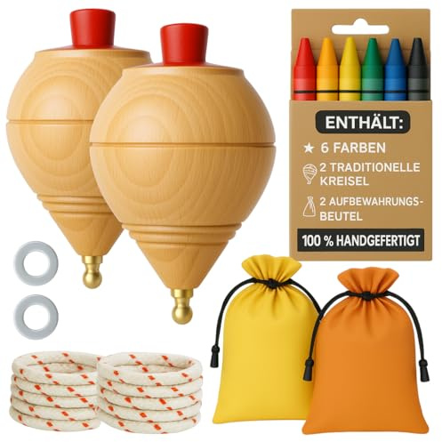 AF® - Holzkreisel, Set: 2 Kreisel für Kinder (52mm) + 6 Buntstifte + 2 Transportbeutel + 2 Seilringe | Personalisiere deinen traditionellen Holzkreisel