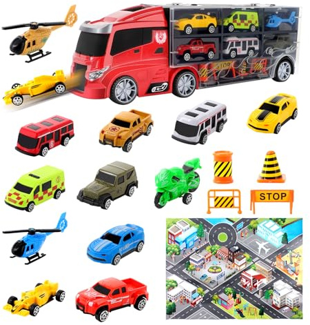 deAO Transport Truck Spielzeugautos, Träger LKW Fahrzeuge Spielzeug Set | Autotransporter Spielset mit 10 Autos 2 Hubschrauber, Tragbares Rennbahn Truck Spielzeugauto ab 3 Jahre Junge Mädchen