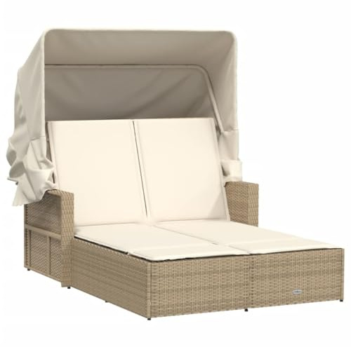 vidaXL Doppel-Sonnenliege mit Dach und Auflagen Beige Poly Rattan