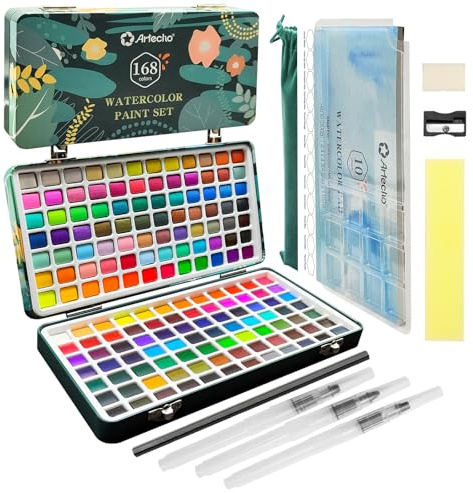 Artecho Aquarellfarben Set 168 Farben in Tragbarer Box, Mit Pinsel und Aquarellpapier, Aquarell für Reisen, Wasserfarben für Künstler und Hobbymaler