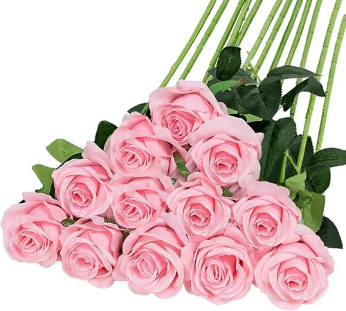 12 Stücke Kunstblumen Seidenblumen Rosen 51 * 7cm Kunstblumen Blätter und Verstellbare Stiele,Realistisch und Weich Künstliche Blumen für DIY Hochzeitsfeier,Valentinstag,Zuhause Dekoration(Hellrosa)