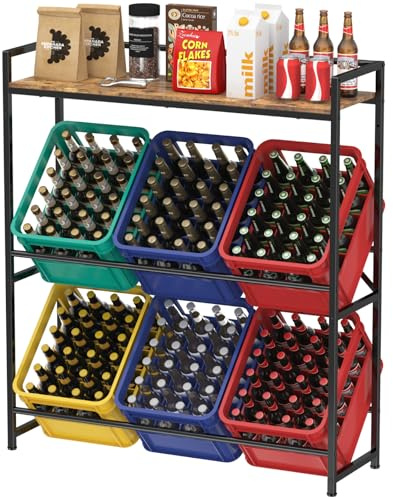 Lifewit Getränkekistenregal mit Ablage für 6 Kisten, Kistenregal Metall trag. 340 kg, 32D x 104W x 117,3H cm Freistehend Kistenständer Getränkeregal Wasserkistenregal Bierkistenregal, Rustikales Braun