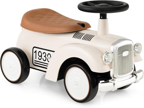 FANTASK Rutschauto mit Stauraum & Kippschutz, 58 x 27 x 34 cm, Kinderfahrzeug mit Lenkrad & Sound, Rutscherfahrzeug Kinderauto mit DIY Abziehbild für Kinder ab 1 Jahr (Weiß)