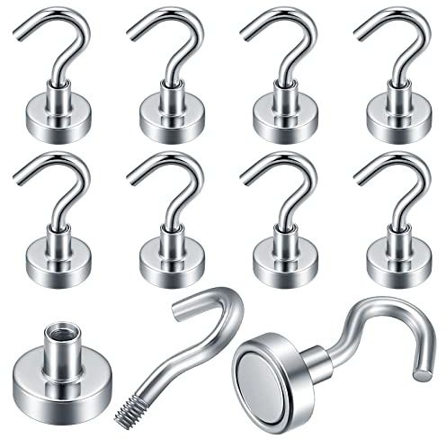 XUIIOSOOKP 10 Stück Magnethaken Extra Stark Neodym Magnet Haken Silber | Magnete stark mit Haken aus Neodym, haken ohne Bohren für Decke, Bad, Küche, Kühlschrank, starker Silber Halter, 10 Stück.